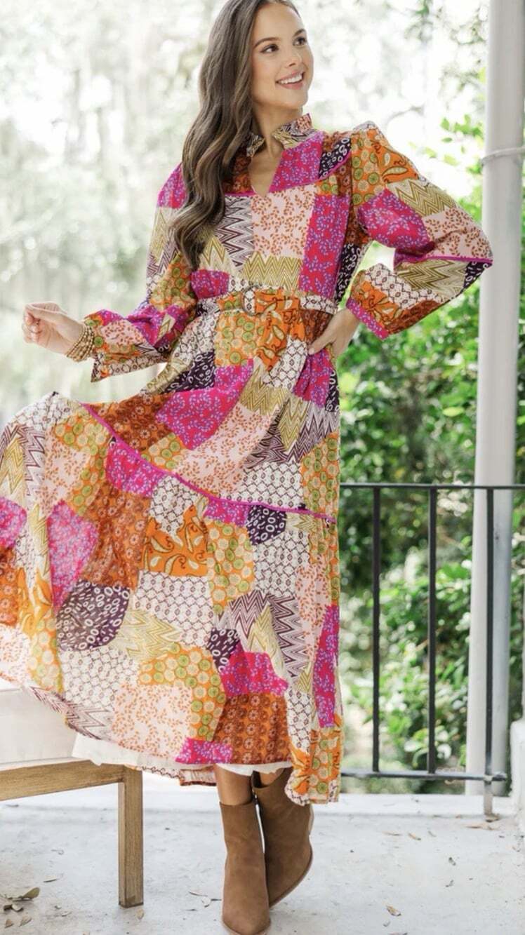 Boho Patchwork Fate: Happy For You Fuchsia Pink Patchwork MidiDress small A673